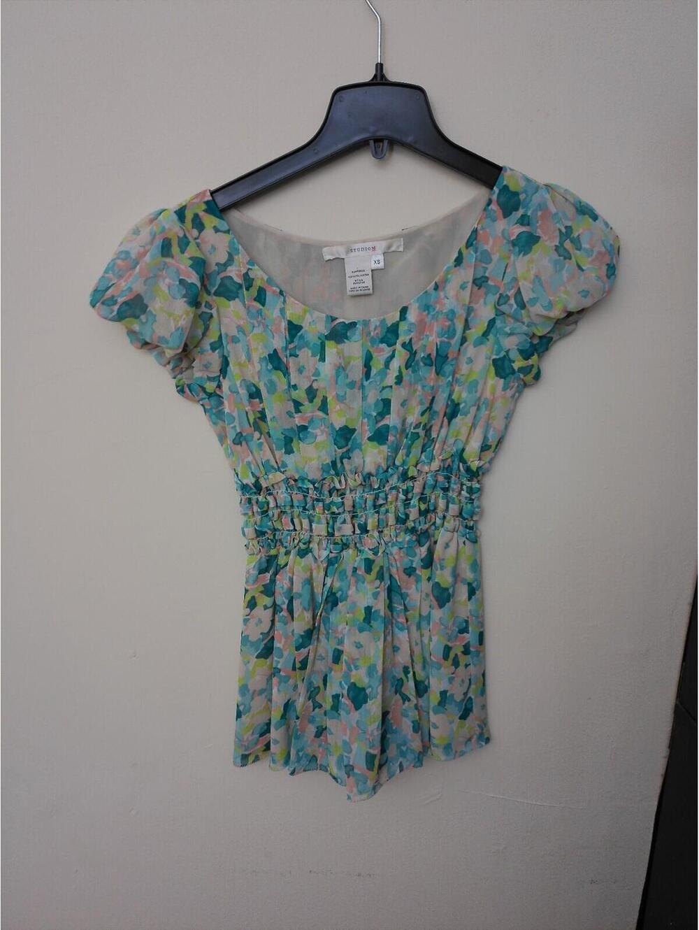 Studio M Blouse Womens Multicolor XS Puff Sleeve Smocked Waist Floral Sheer‎ Top
